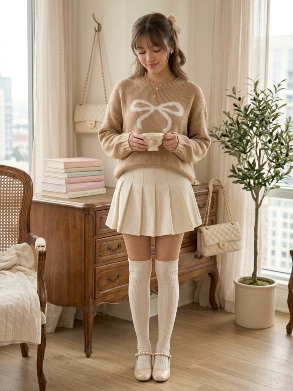 🎀EUC Sincerely Jules “Bow🎀 Pullover Sweater” Light Brown🤎 w/White🤍Bow🎀 Medium